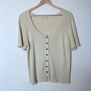 Roolee Ribbed Cream Short Sleeve Top Scalloped Edges Sz L